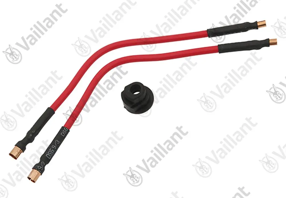Zwei rote Zündkabel von Vaillant mit Kupferanschlüssen und einer schwarzen Gummimuffe zur Verbindung.
